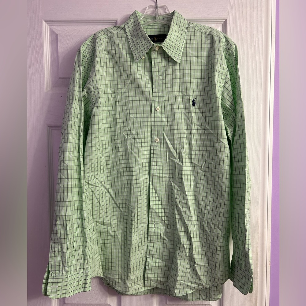 RALPH LAUREN Classic Fit Cotton LS Casual Shirt Mens Large Light Green Plaid